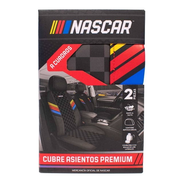 Cubre Asientos Nascar de Policloruro de Vinilo y Poliéster Negro 2 Piezas, set de cubre asientos para automóvil en negro con patrón a cuadros y franjas rojas, amarillas y azules, fabricados en mezcla de 60% policloruro de vinilo y 40% poliéster que brinda resistencia y suavidad al tacto. Incluye cubre reposacabezas, compatible con bolsas de aire laterales, protege los asientos contra manchas y desgaste sin afectar la comodidad al conducir, adecuado para uso diario y actividades al aire libre.