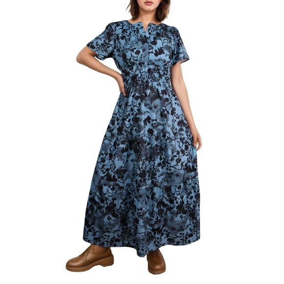 Vestido largo ACCPUR para mujer, estilo bohemio, floral, cuello en V, azul marino