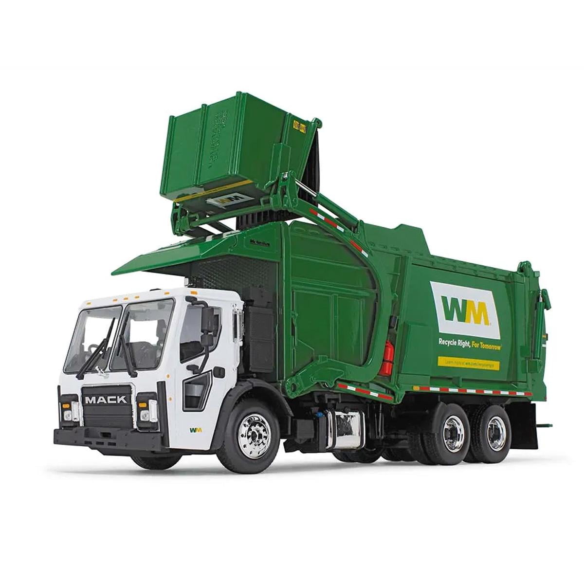 Mack LR "Waste Management" Refuse Garbage Truck w/Front Loader White and Green w/Trash Bin 1/34 Diecast Model by First Gear