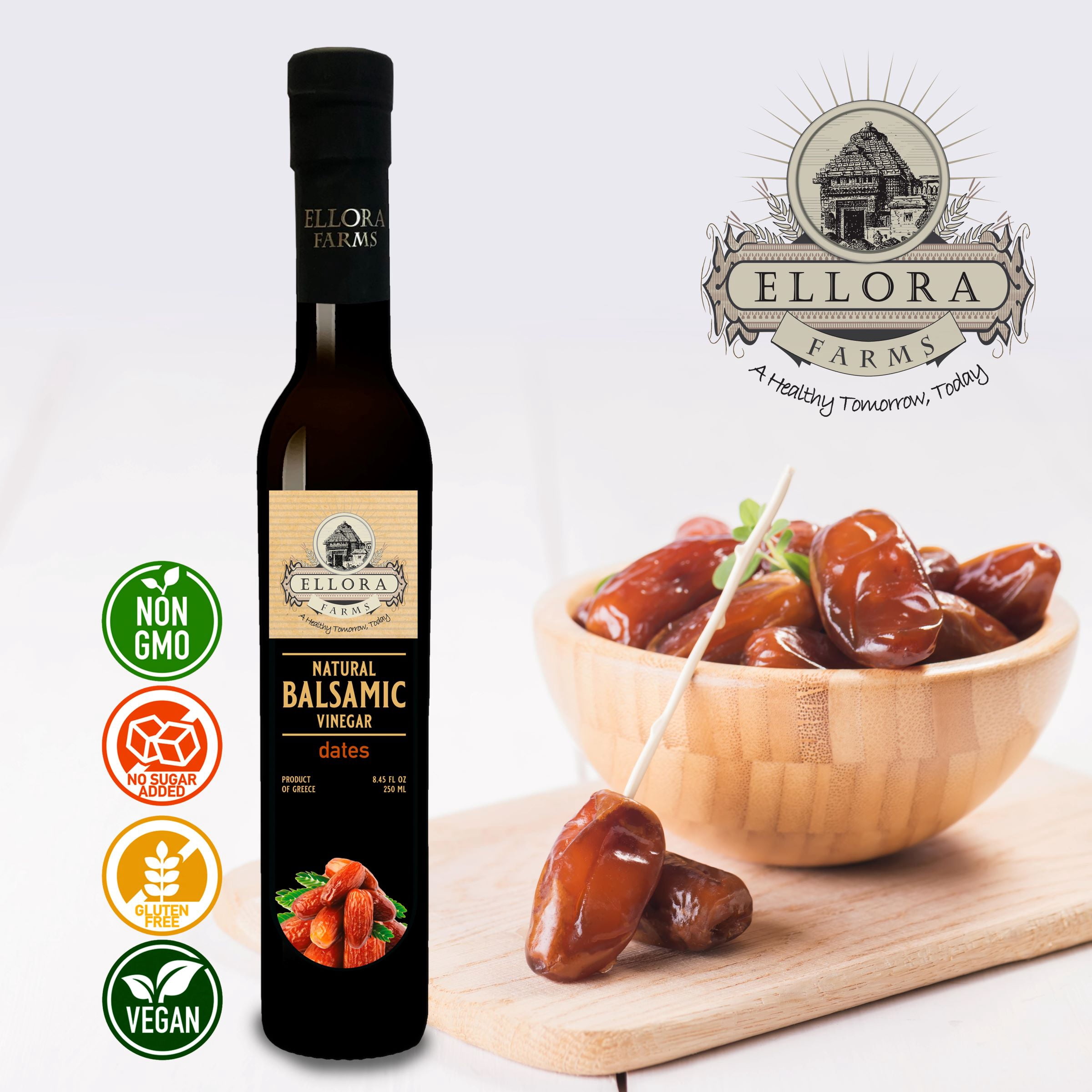 Ellora Farms Fresh Dates Infused Thick Balsamic Vinegar, No-Added Sugar, No-Preservatives, 8.45 oz Glass Bottle