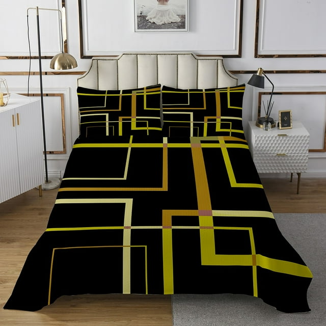 YST Abstract Geometry Bedding King Size Rectangle Square Bedspread Set, Black and Yellow Quilt Set Modern Minimalist Coverlet Set, Aesthetic Bed Set Kids Teens Room Decor