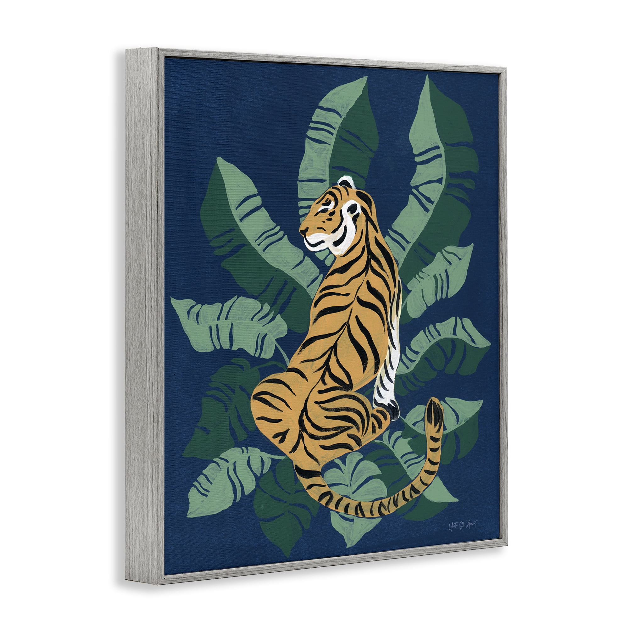 Stupell Industries Tiger Sitting over Palms Animals & Insects Painting Gray Framed Art Print Wall Art, 16 x 20