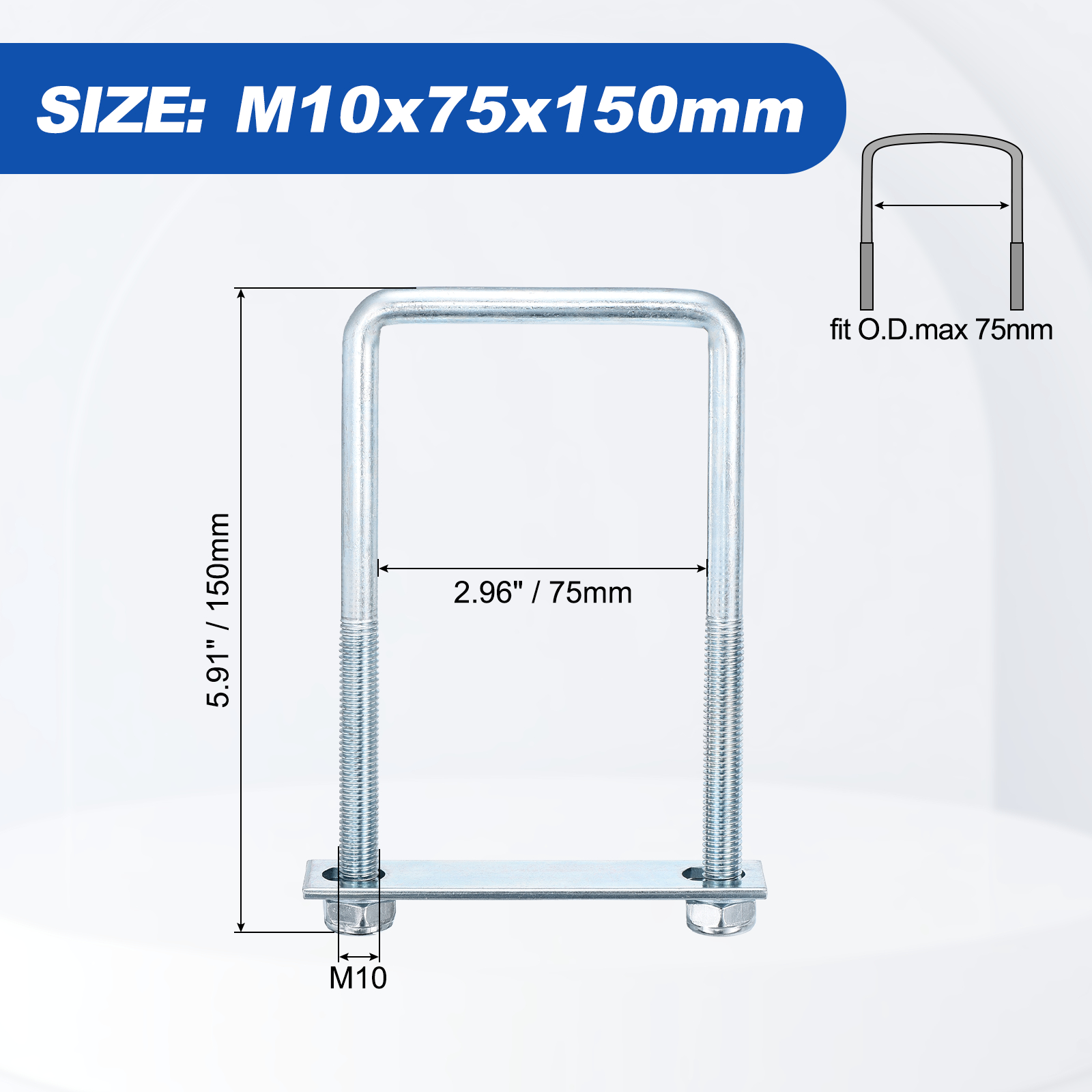 U Bolts 2Set (M10x75x150mm), Square U Bolt Kits Carbon Steel with Nylon Lock Nut Washers Plates - for Construction, Pipe, Trailer, Automotive, Leaf Spring Fastener
