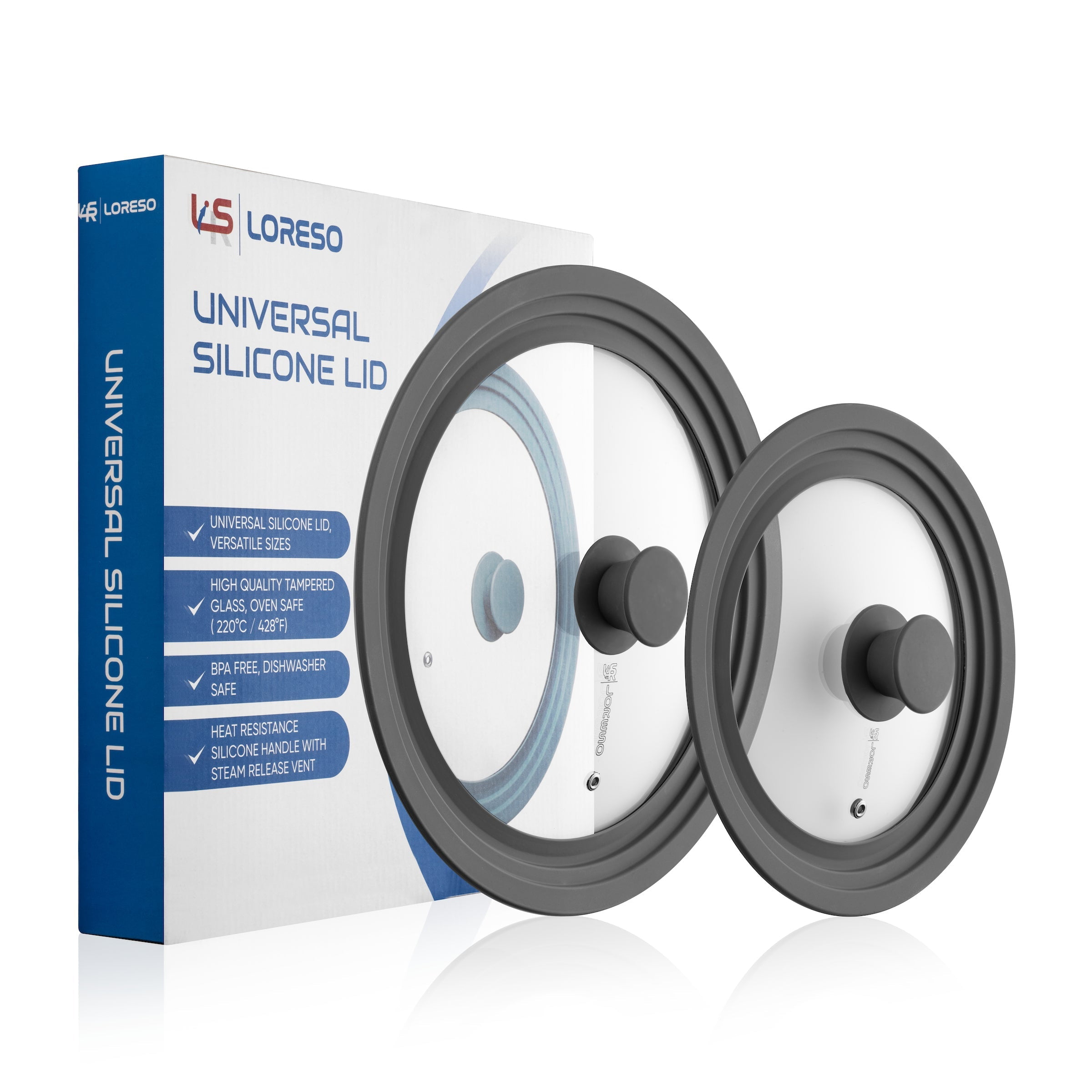 LORESO Silicone Glass Lid Grey Pack of Two - Universal Silicone Glass Lid for Pots Pans & Skillet 8 to 11 Inches, Tempered Glass Lid with Steam Vent, Food Safe Silicone