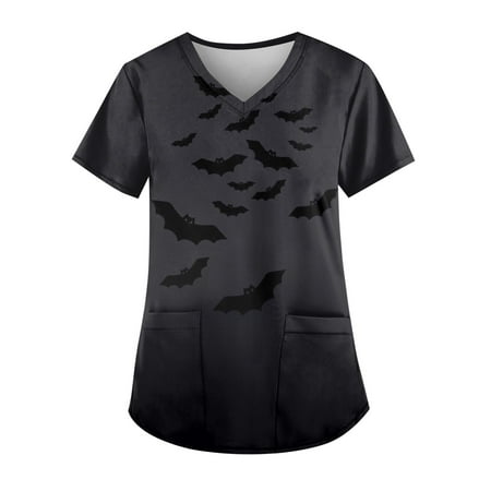 

Knosfe Halloween Scrub Top Medical V Neck Nurse Pumpkin Ghost Bat Scrubs for Women Short Sleeve Workwear Womens Going Out Tops with Two Pockets Black S