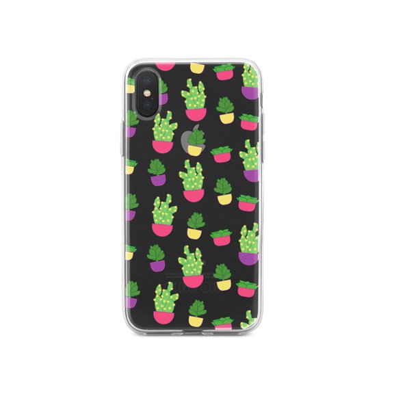 DistinctInk Clear Shockproof Hybrid Case for iPhone XR (6.1" Screen) - TPU Bumper, Acrylic Back, Tempered Glass Screen Protector - Succulents / Cacti