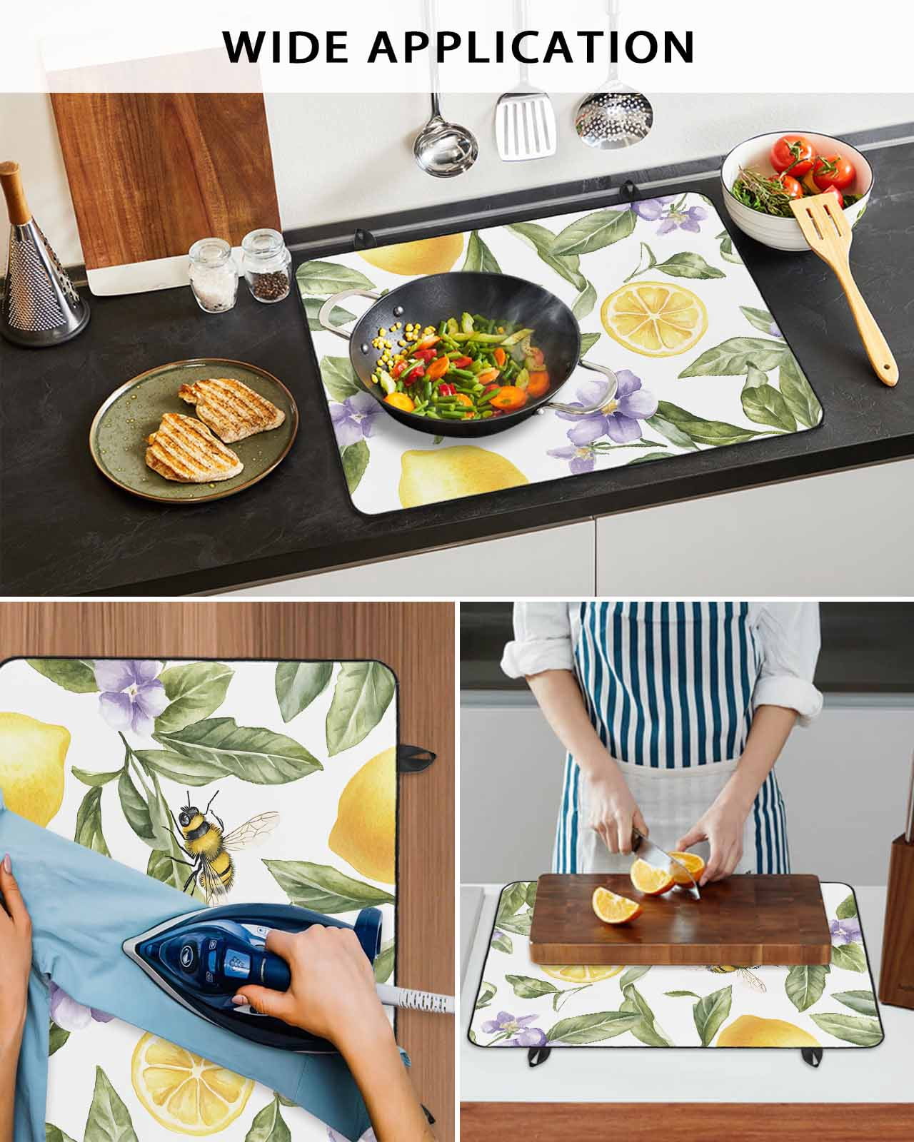 nqOlkjepod Large Induction Cooktop Protector Mat 24"x21", Lemon Flower Stove Top Covers for Electric Stove, Yellow Fruit Floral Country Bee Summer Stove Burner Cover Mats, Glass Top Stove Cover