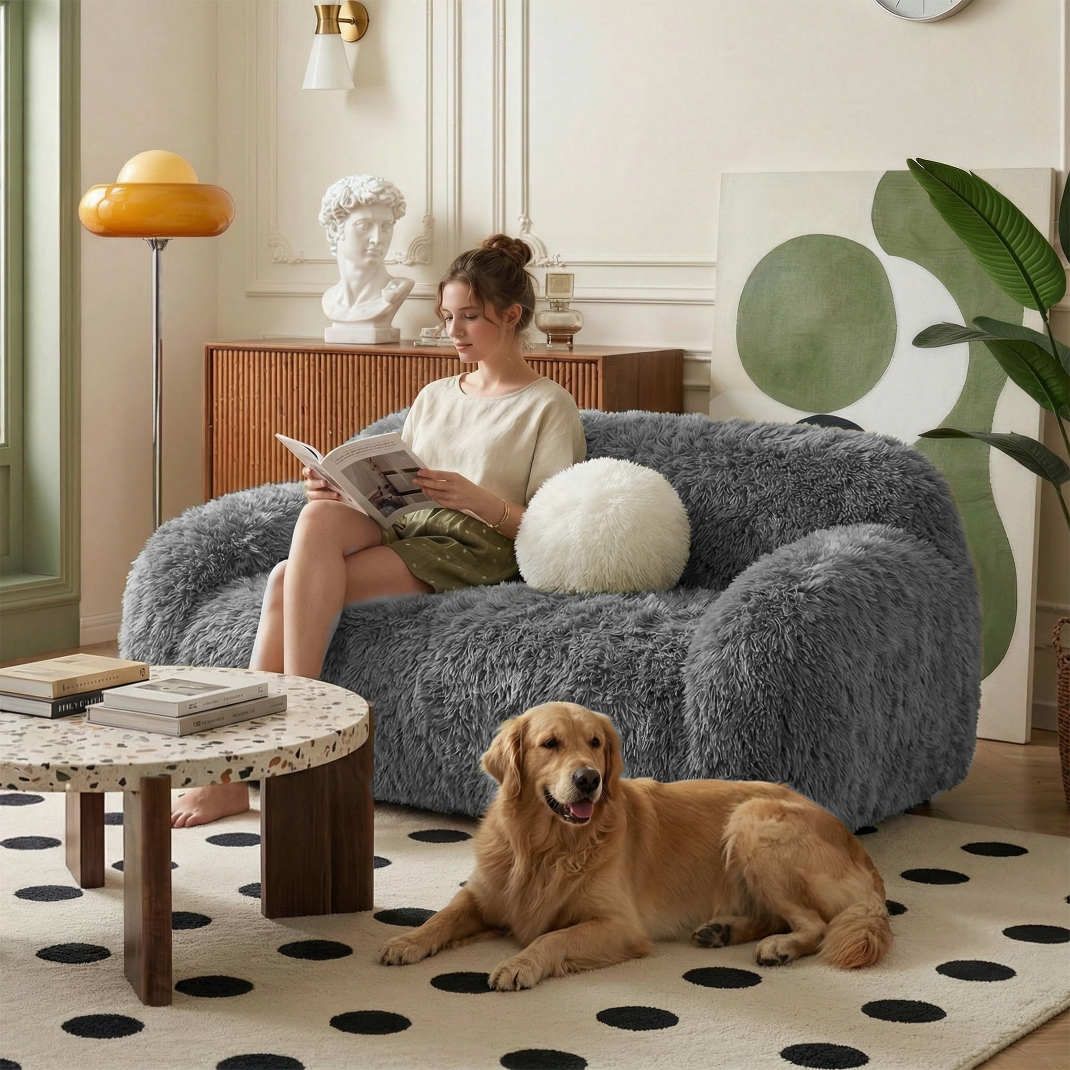 Aukfa Contemporary Plush Faux Fur Sofa, Could-Comfort Loveseat, 25" Deep Seat, Pet Friendly, Gray