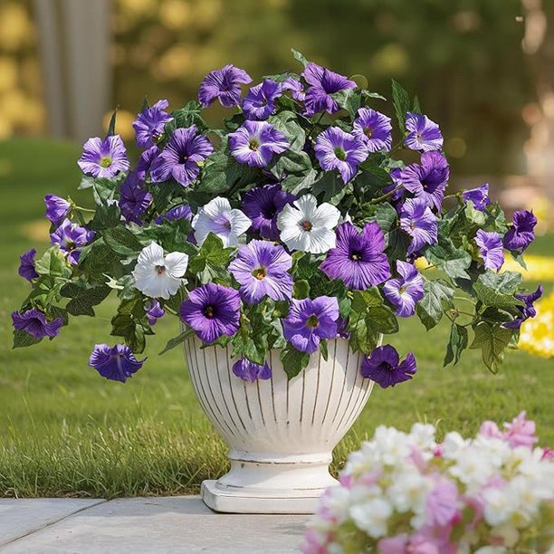 Flores artificiales de gloria de la mañana con tallo, flores de seda para porche, planta falsa para maceta, arreglo navideño de inauguración de la Púrpura