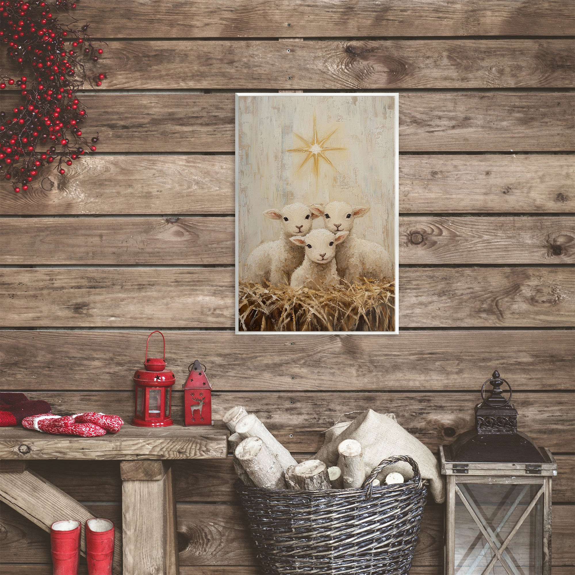 Christmas Lambs Trio Wall Plaque Art, design by Petal Prints Design