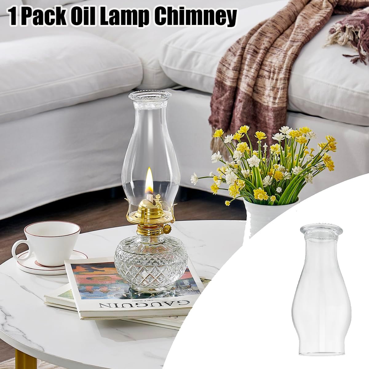 ABPETE Oil Lamp Chimney Replacement,3 Inch x 8 Inch Kerosene Lamp Globe,Clear Glass Oil Lamp Globe, Crimped Top Hurricane Lamp Shade Cover,Glass Chimney for Oil Lamps(1 Pack)