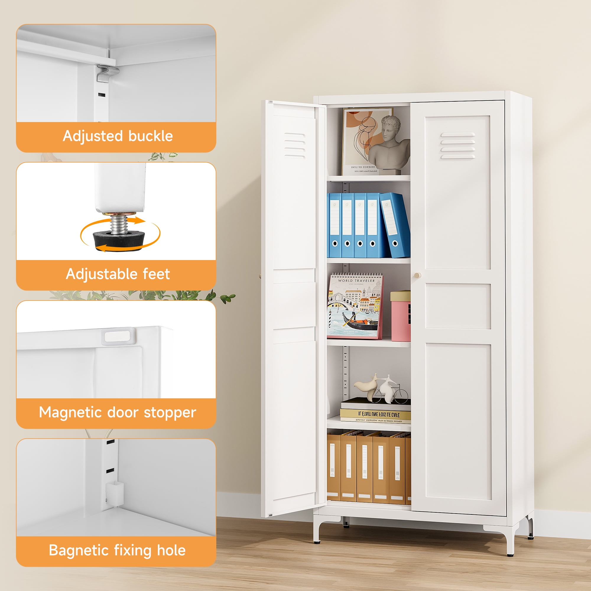 STANI Freestanding Storage Cabinet with 4 Adjustable Shelves and Legs, Metal/Alloy Steel, for Cupboard/Dining Room/Bathroom/Living Room/Office/Laundry Room (White, 61"H)