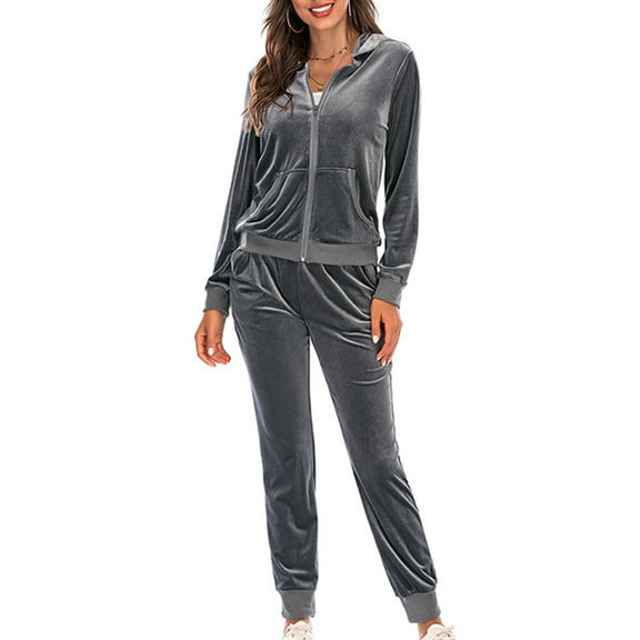 DailyTrove Women's Long Sleeve Velour Tracksuit - Solid Color, Soft Fabric, Fall & Casual Daily Wear,Gray
