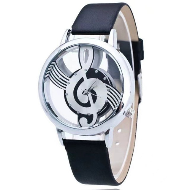 Relojes para Hombres, Reloj de Pulsera analógico de Cuarzo para Parejas, Reloj de Pulsera con Correa de PU y Esfera de Nota Musical Hueca Redonda