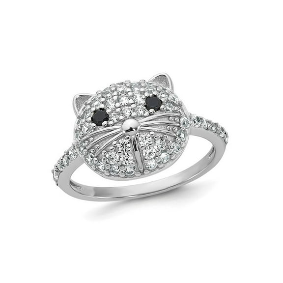 Gem & Harmony Sterling Silver Black and White Synthetic Cubic Zirconia (CZ) Cat Ring for Women