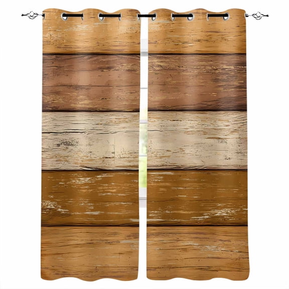 Farmhouse Yellow Brown Black Out Curtains 84 Inch Long for Living Room, Vintage Wooden Striped Blackout Curtain Shade Thermal Insulated Window Curtains Grommet Drapes 42"x84" 2 Panels