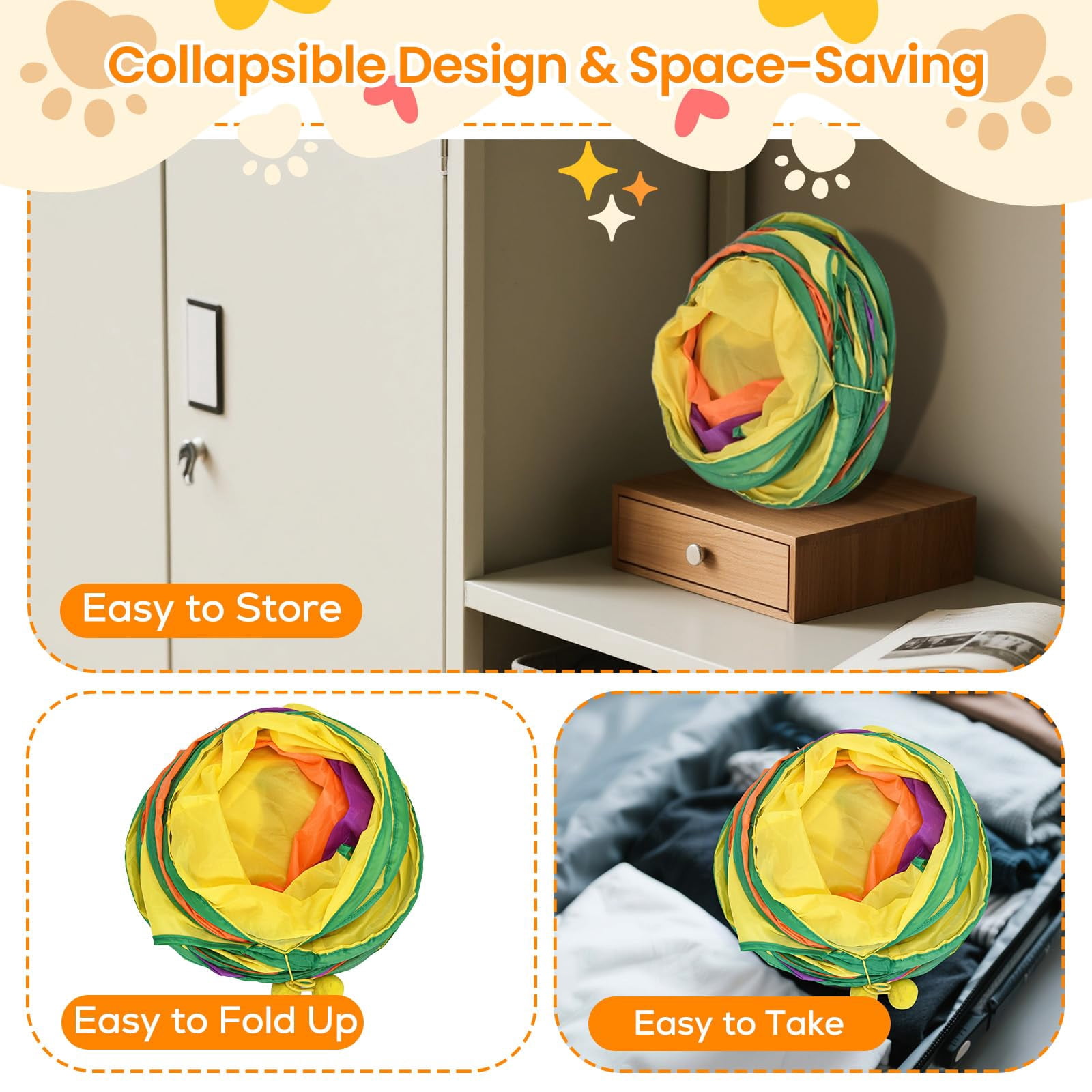 Petizer H-4-Way Collapsible Cat Tunnel, Tear-Resistant Interactive Pet Tube Toy with Dangling Ball for Indoor Cats, Kittens & Small Pets
