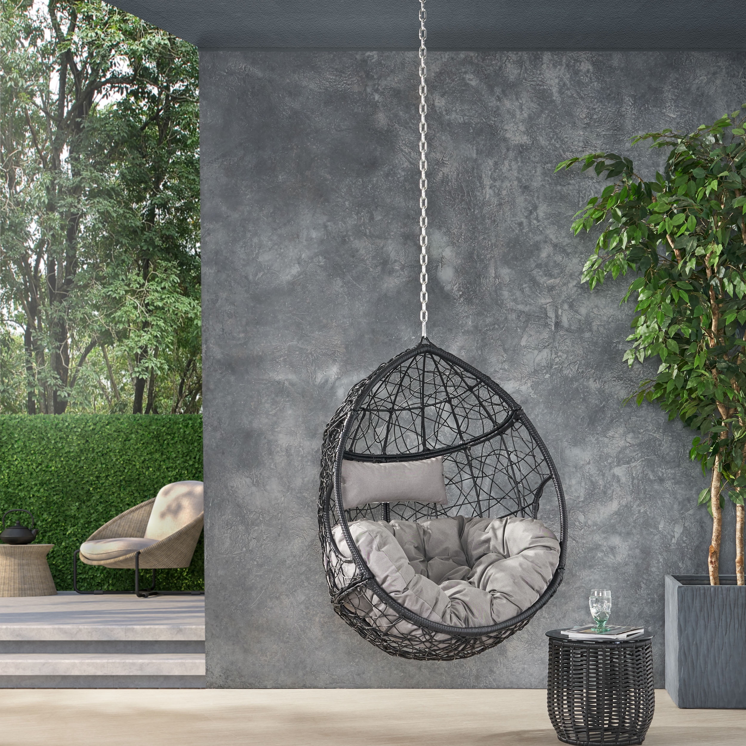 Outdoor Teardrop Shaped Hanging Chair with 8ft Chain, Wicker Weave Suspended Leisure Seat for Patio Garden, Brown and Beige