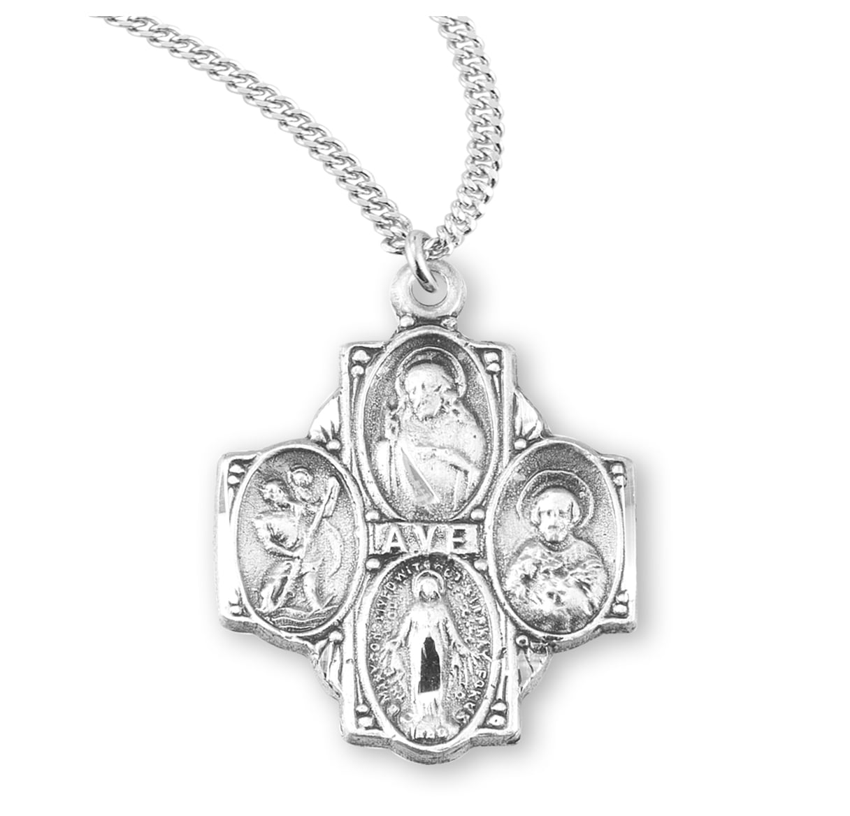Extel Medium Sterling Silver Catholic 4 Way Cross Cruciform Medal Pendant Necklace For Men Women