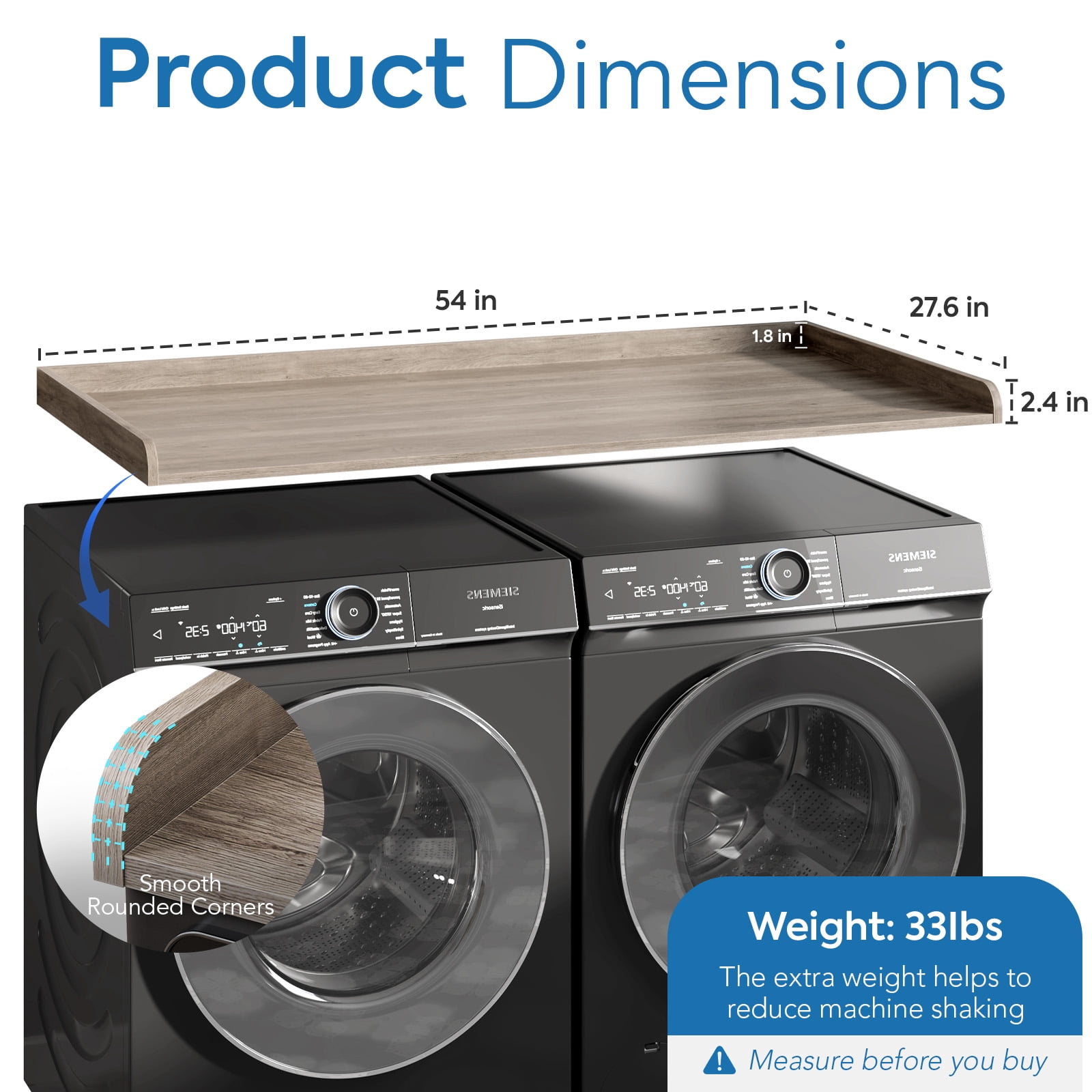 27.6" D x 54" W Wood Washer Dryer Countertop with Anti-Slip Pad, Laundry Room Organization Set, Dryer Covers for The Top with Edge Rails, Washer Dryer Topper for Laundry Room, Grey