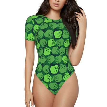 Gaeub green Skull Print Women s Short Sleeve One Piece Swimsuit Sexy High-Waisted Bodysuit Bathing Suit for Swimming  Beach  Sports-Small