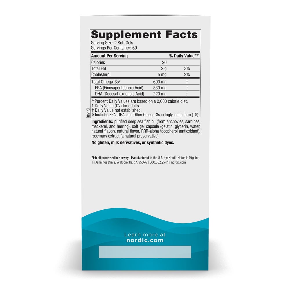 Nordic Naturals Omega-3 Softgels, Lemon, 690 mg, Fish Oil, 120 Ct