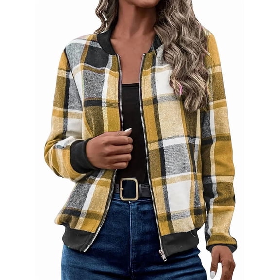 Shackets for Women Casual Zip Up Flannel Plaid Jackets Long Sleeve Baggy Outwear Coat Fall Clothes Yellow XXL