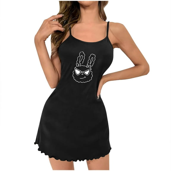 Tnhcen Women's Plus Size Sleeveless Cami Sleep Dress - Cute Cartoon Bunny Print Nightgown with Ruffled Hem | Comfy Stretchy Loungewear for Women S-2XL | Casual Home Dress & Pajama Set