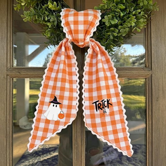 Halloween Wreath Sash Bow, Plaid Ghost Print Ribbon for Front Door Wreath, Fall Garland & Farmhouse Decor