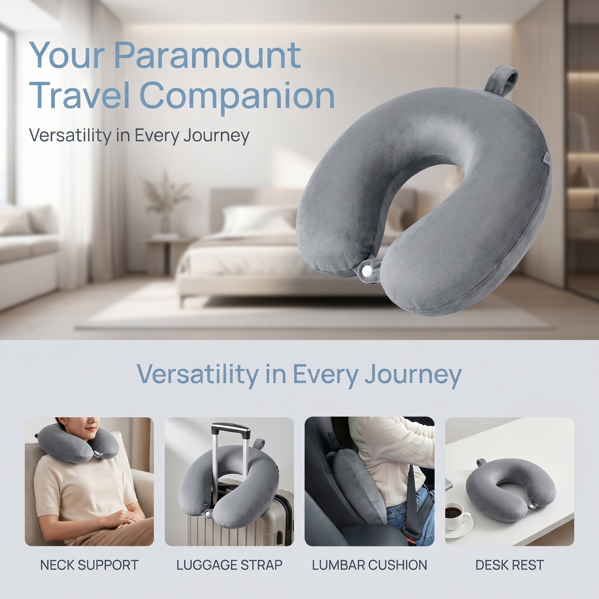 Unique Bargains Memory Foam Travel U Shape Neck Pillow Snap Closure Gray 12"x12"x4"