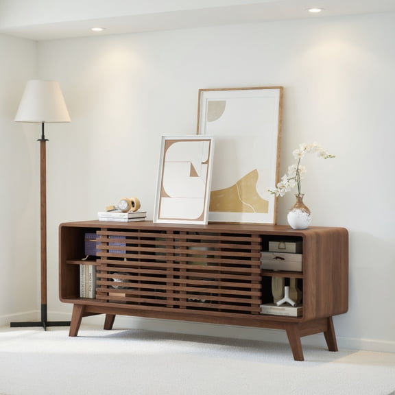 Spaco Walnut TV Stand for TVs up to 65", Mid-Century Media Console with Sliding Doors & Adjustable Shelves for Home Theater & Living Room