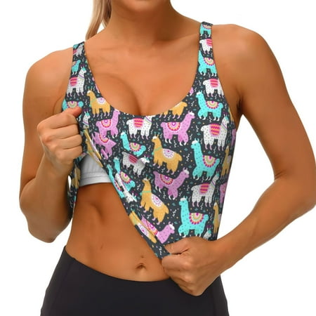 Qokaie Colorful Alpaca Pattern Womens Scoop Neck Sports Bra Breathable Workout Vest Padded U Back Medium Impact Fitness Gym Yoga Bra Workout Crop Top