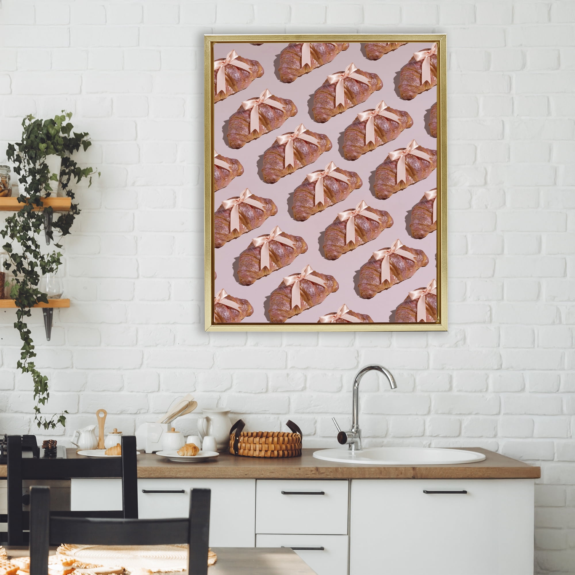 Stupell Industries Croissants with Ribbons Pattern Gold Framed Floater Canvas Wall Art, design by LISH Creative