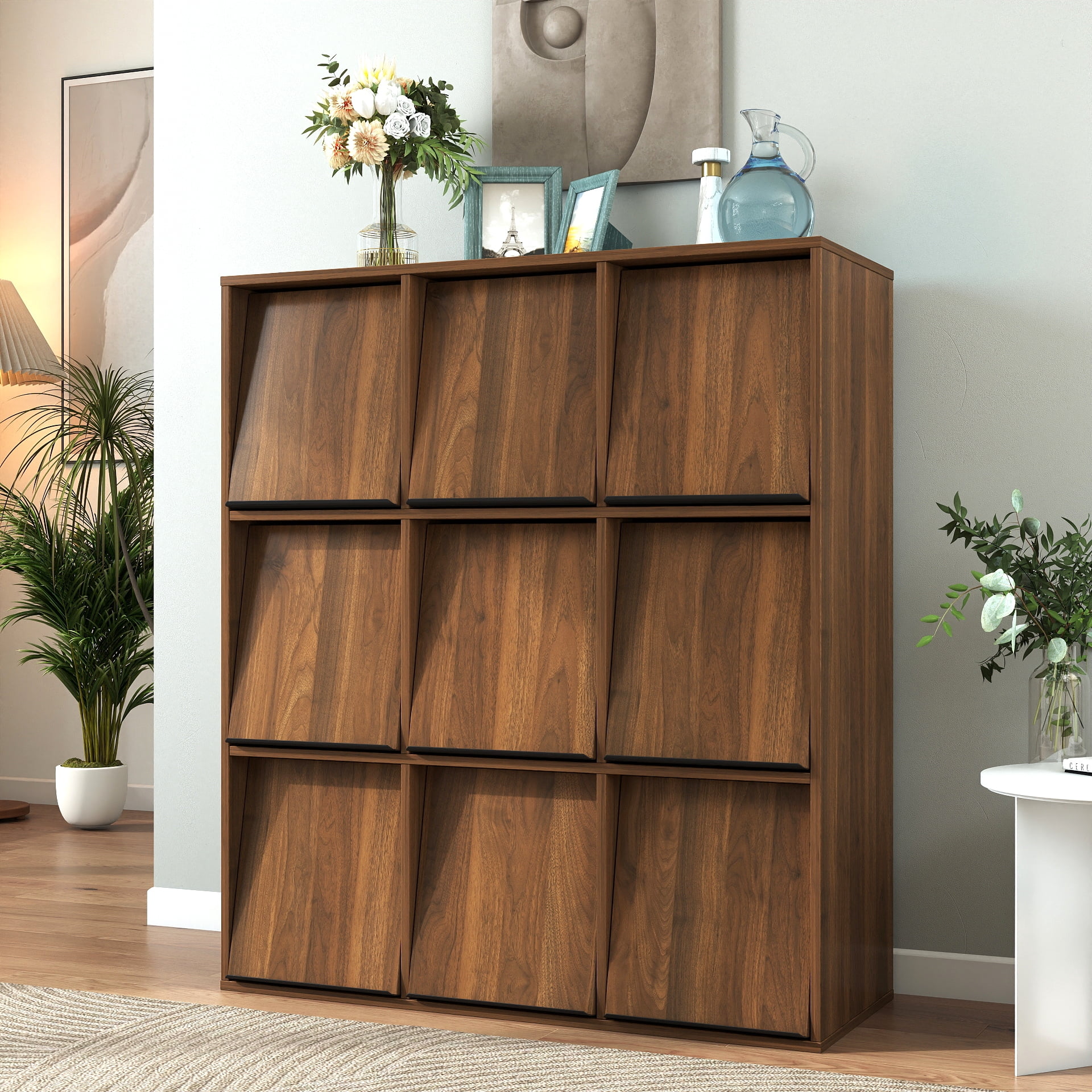 3×3 Cubby Cube Storage Bookcase with Flip Doors, Nine Compartment Cube Organizer Cabinet, Freestanding Display Bookshelf for Living Room Bedroom Office