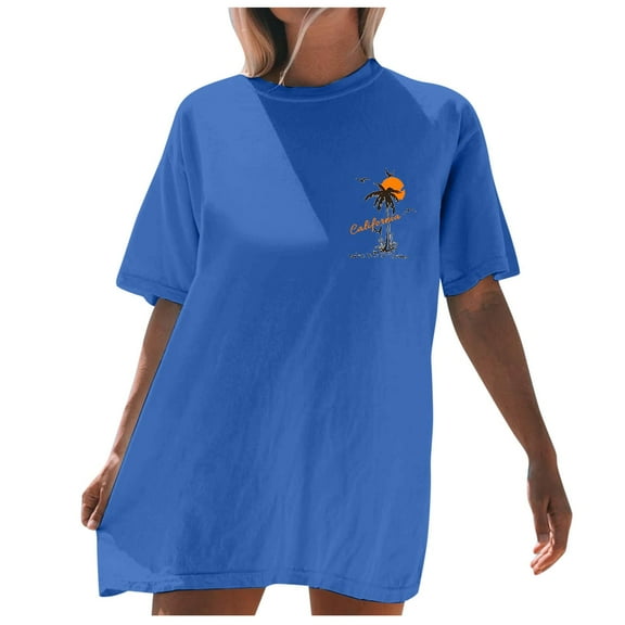 Puliio Womens T Shirts Beach Oversized Graphic Short Sleeve Crewneck Tee Summer Holiday Retro Baggy Shirts Tops