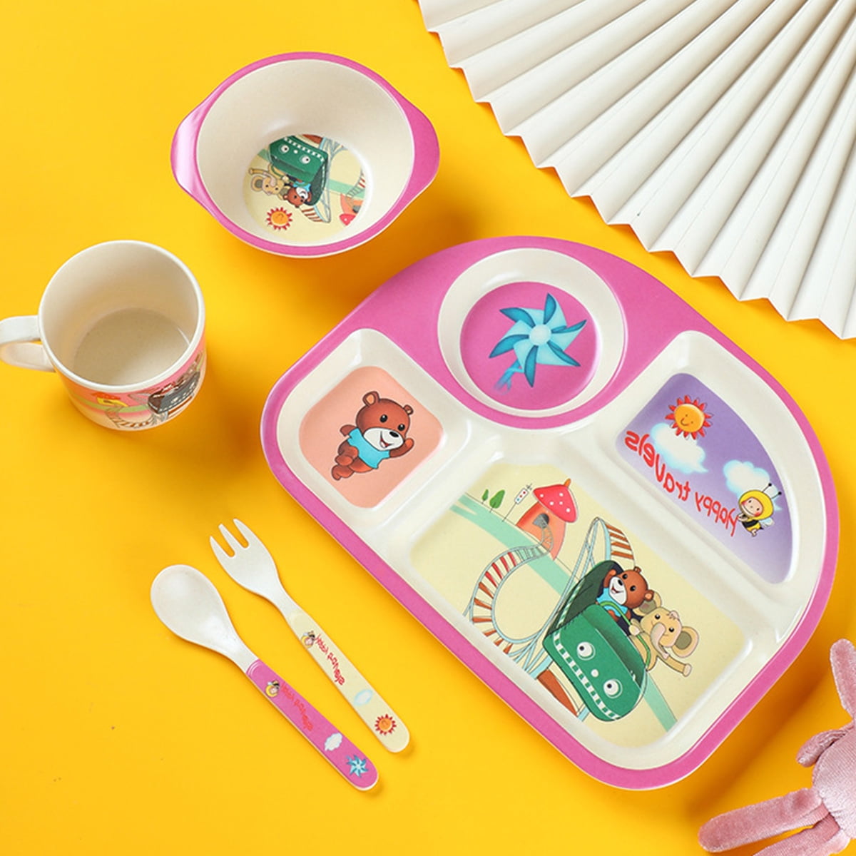 A set of animal series bamboo fiber children's tableware set baby divided plate cartoon five-piece set