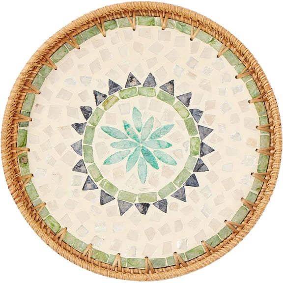Round Rattan Tray with Mother of Pearl Inlay, Rattan Serving Tray with Wooden Base, Decorative Wicker Basket for Table Decor, Storage and Display of Coffee Bread Food Fruit