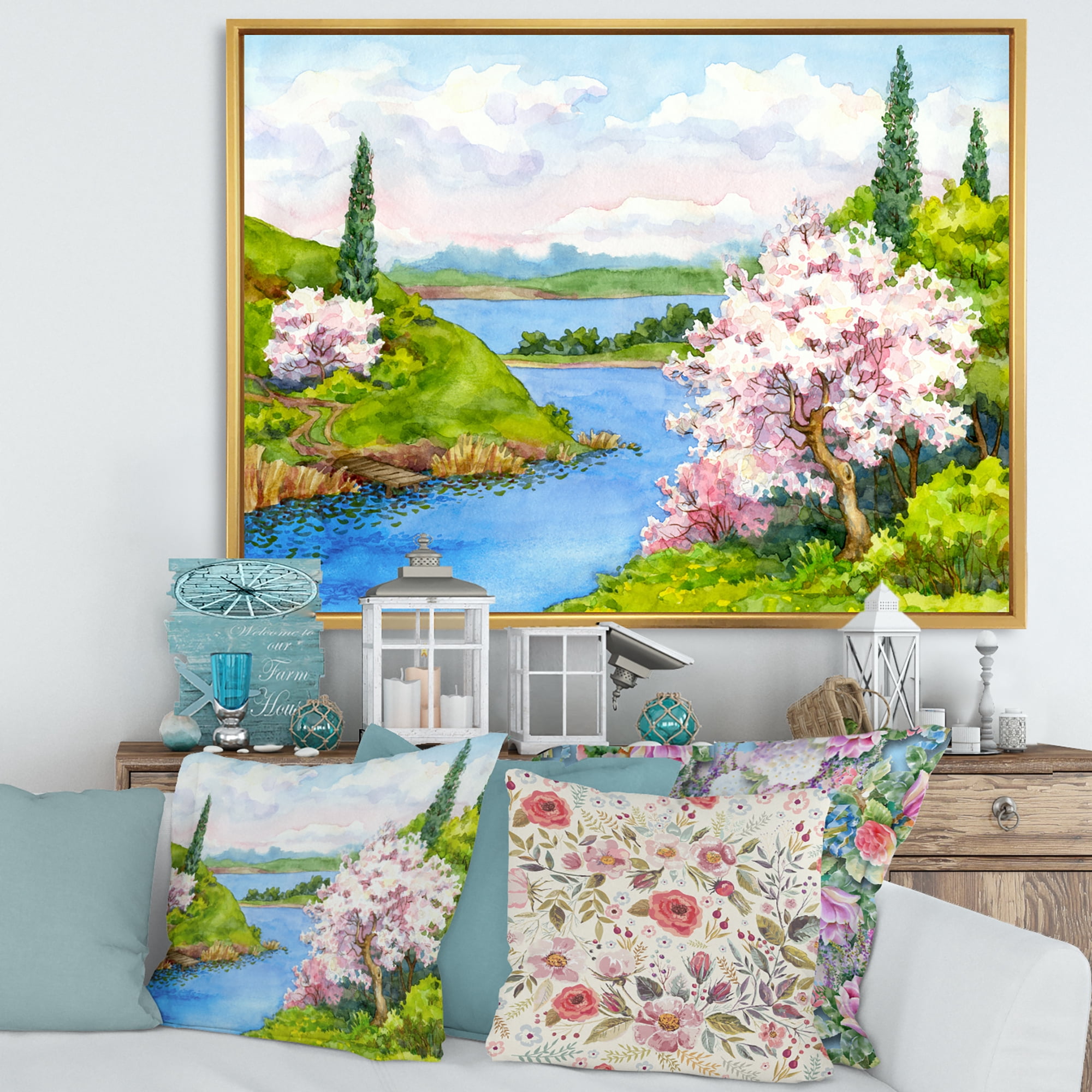 Designart 'A Bright Blue Sky Over Spring Landscape' Traditional Framed Canvas Wall Art Print