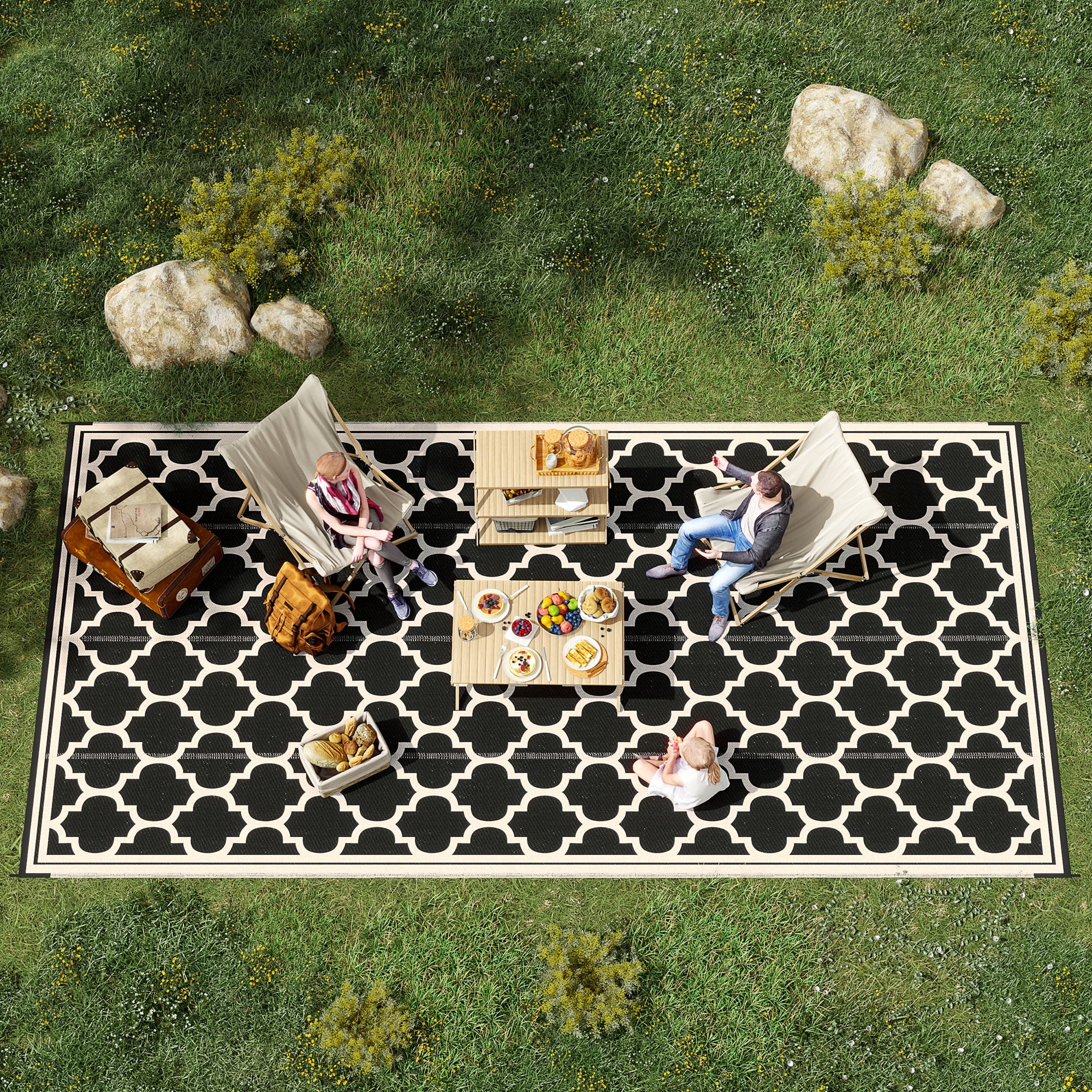Outsunny Outdoor Rug, 9' x 18' Plastic Rug, Black & Beige