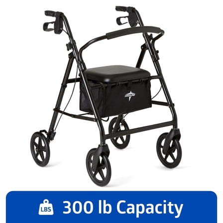 Medline Rolling Walker, Folding Rollator with Seat and 8-In Wheels, Lightweight, Black, 300-lb. Capacity, Aluminum
