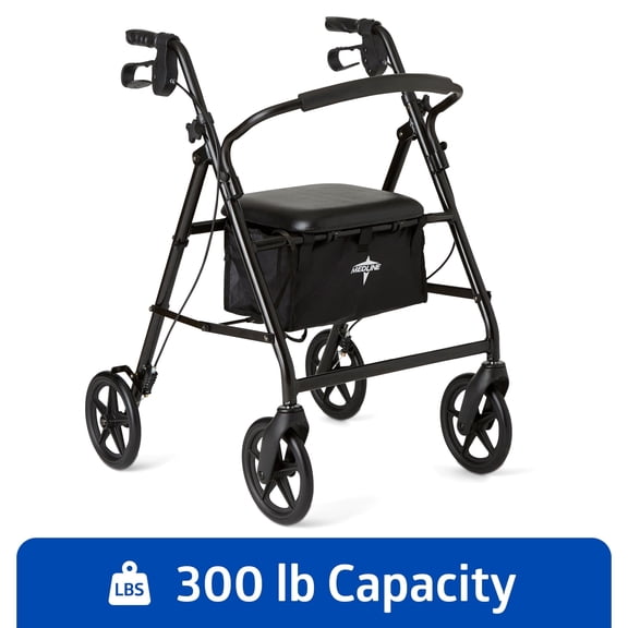 Medline Rolling Walker, Folding Rollator with Seat and 8-In Wheels, Lightweight, Black, 300-lb. Capacity, Aluminum