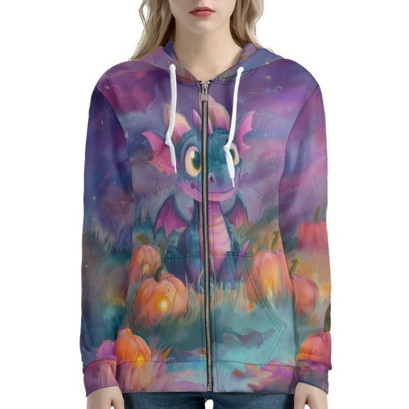DISNIMO Dragon Pumpkin Printed Hoodies for Women Zip Up Ladies Hooded Tops Long Sleeve Sport Sweatshirt with Pockets, XS