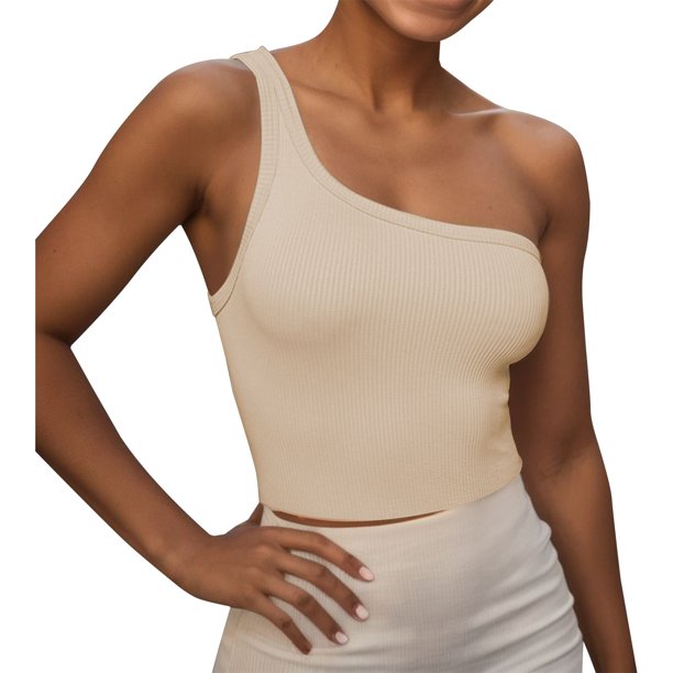 Gibobby Camisola de tiras sin mangas con un hombro acanalado corto recortado de color sólido a la moda para mujer(Beige,XG)