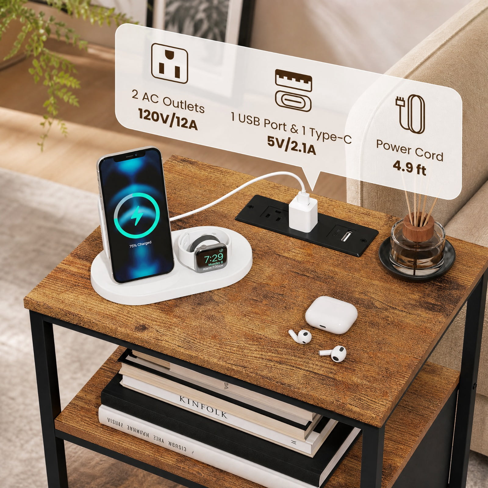 Furnibear Nightstand with Charging Station 24.5 inch Modern Bedside Table with 2 Fabric Drawers for Bedroom Living Room Bedside Sofa, Rustic Brown