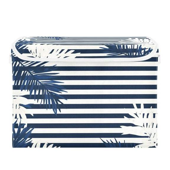 Palm Tree Leaves Navy Blue Narrow Stripes Foldable Storage Bin with Lid and Handle Collapsible Storage Box 16.5 x 12.6 x 11.8 inches