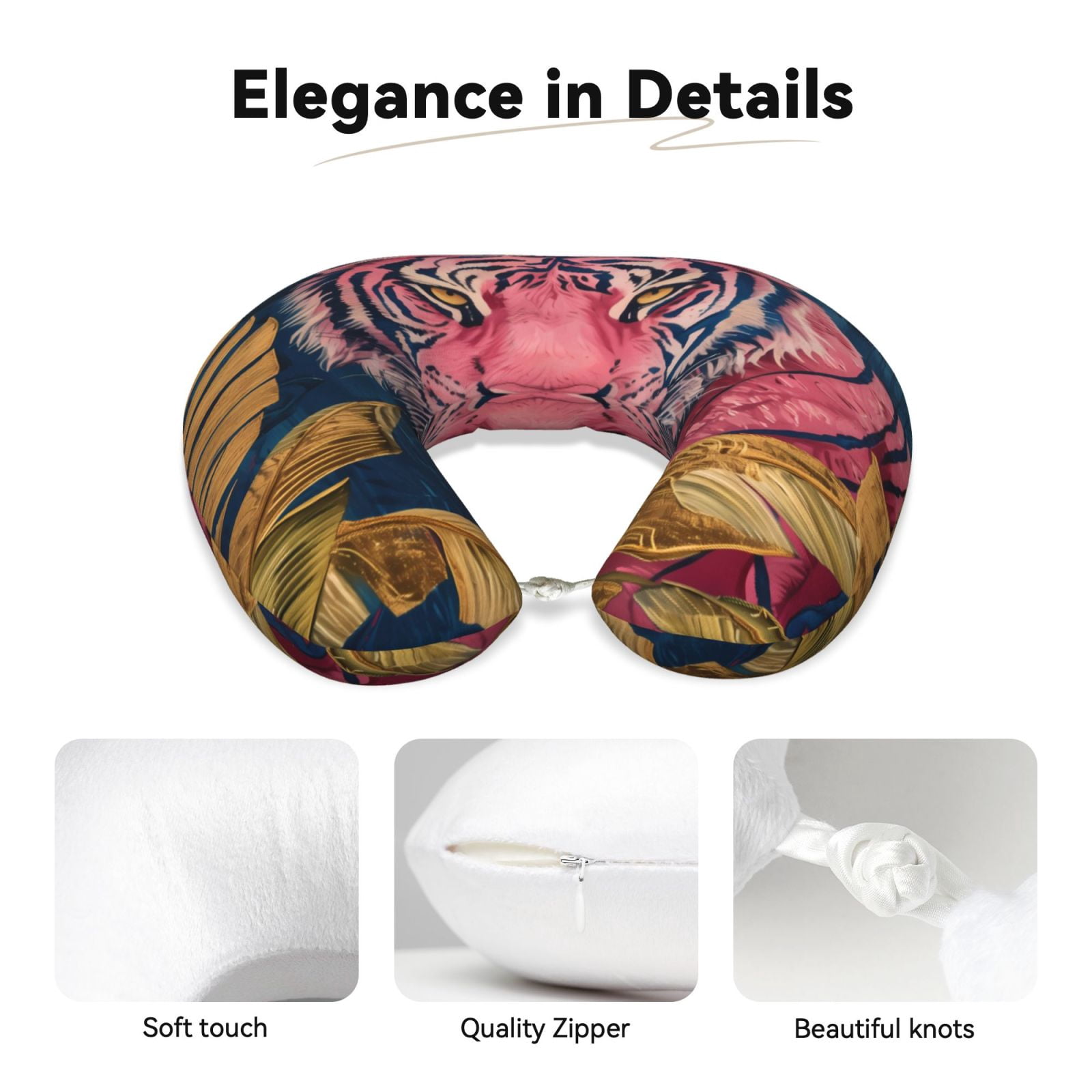 Xecao Pink Tiger Gold Leaves Print Memory Foam Cervical Neck Pillow Versatile U-Shaped Pillows for Home,Office,Camping,Travelling,Soft Washable Cover