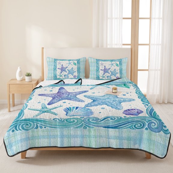 3 Pieces Queen Quilt Set,Summer Starfish Ocean Wave Soft Bedding Sets with 1 Quilt & 2 Pillow Shams,Watercolor Marine Theme Plaid Summer Bedspread Lightweight Coverlet Comforter