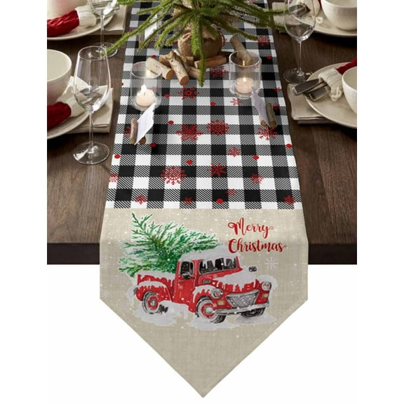 Table Runner Dresser Scarves Winter Christmas Red Truck and Pine Cotton Linen Burlap Table Cover Rustic Burlap and Lattice Table Runners for Family Kitchen Dining Holiday Party Banquet Decor