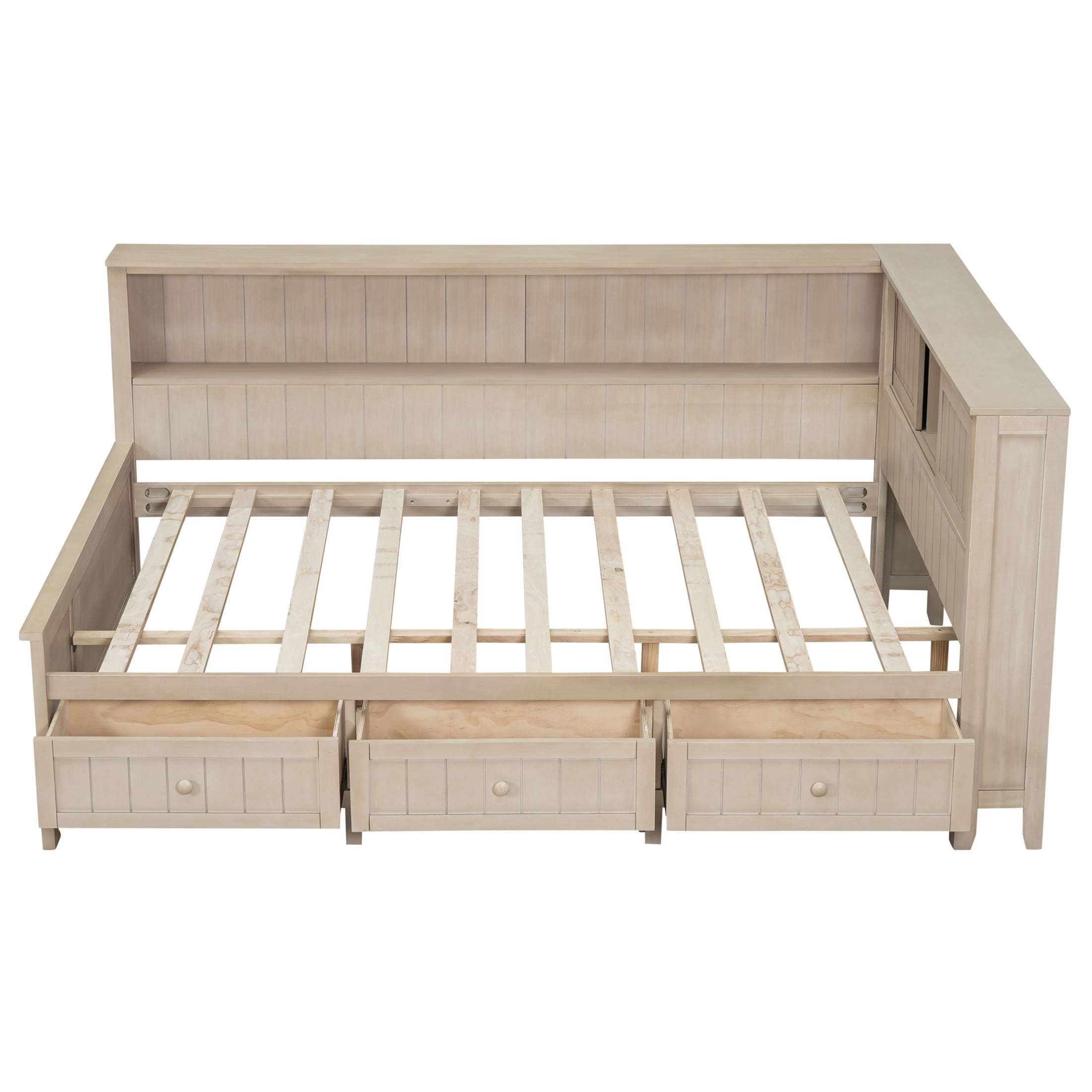 Noble House Full Daybed with Storage Drawers and Shelves, Wood Guest Bed Frame with Sliding Doors, Antique White