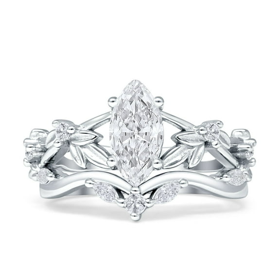 Marquise Split Leaf Floral Ring Cubic Zirconia White Tone 925 Sterling Silver, Size 5